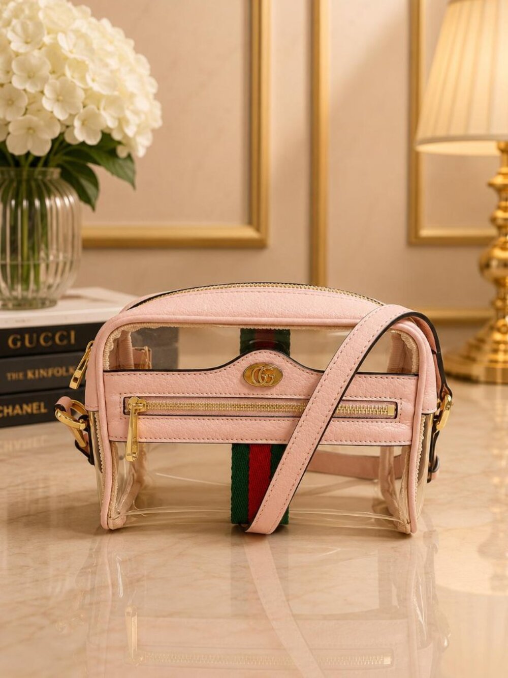 Authentic Gucci Ophidia Clear PVC Crossbody Shoulder Bag Pink Leather